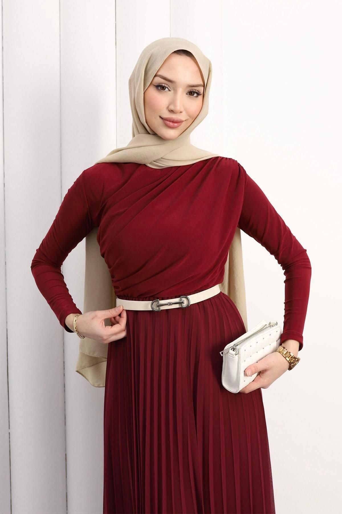 Modaensarbutik Omuz Pile Detay Sandy Bluz-BORDO