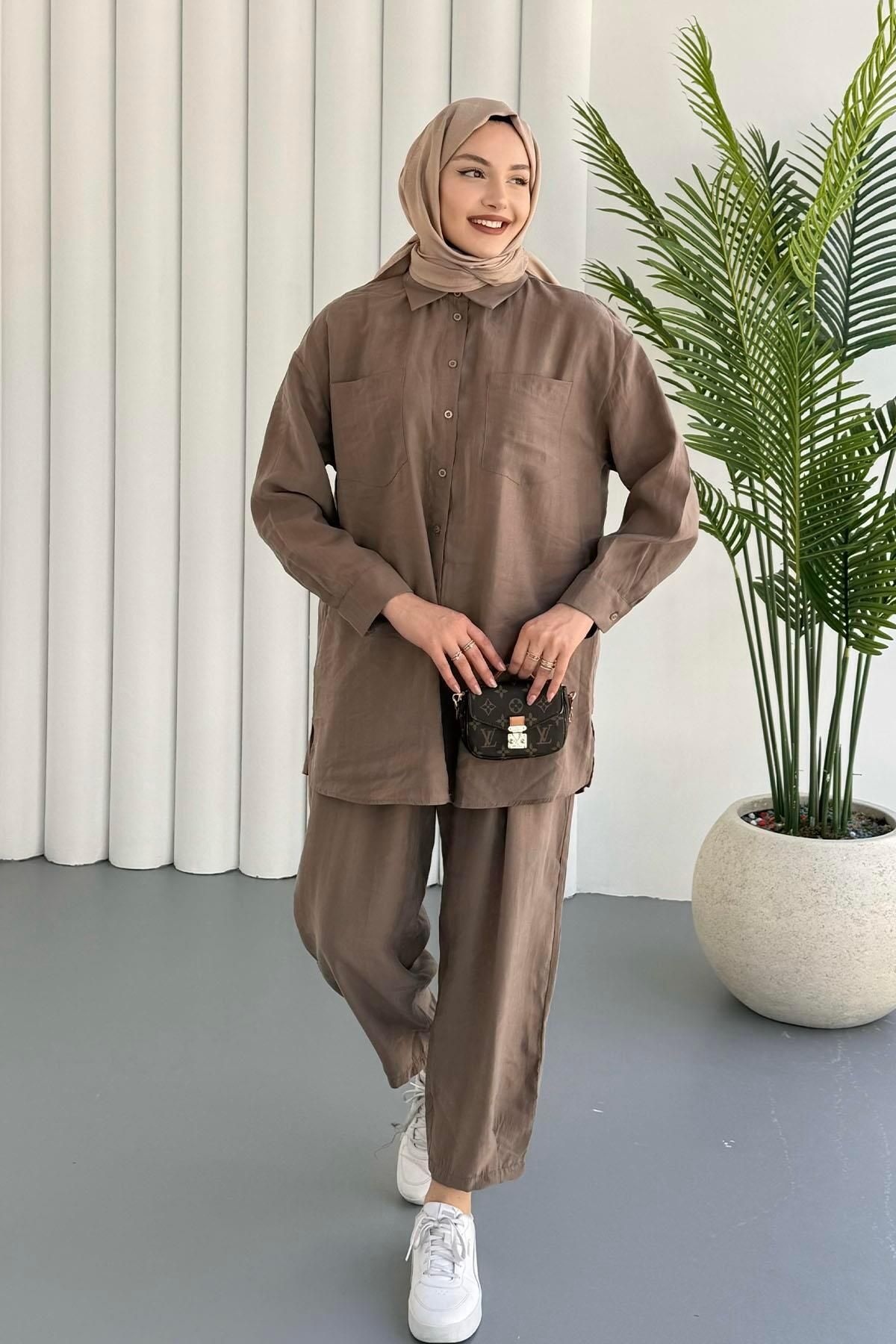 Modaensarbutik Pantolonu Şalvar Detay Gömlekli Tesettür Takım-VİZON