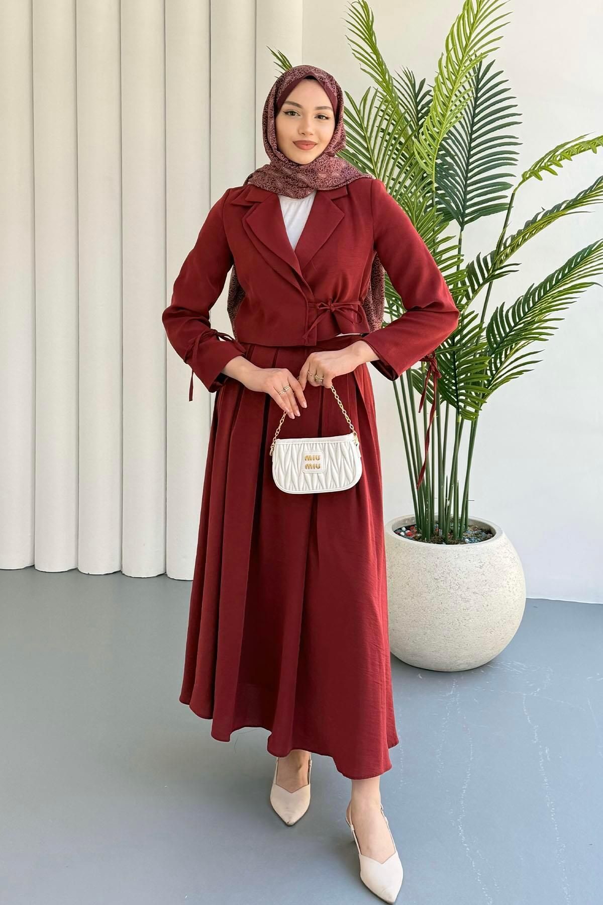 Modaensarbutik Çift Yaka Detaylı Tesettür Takım-BORDO