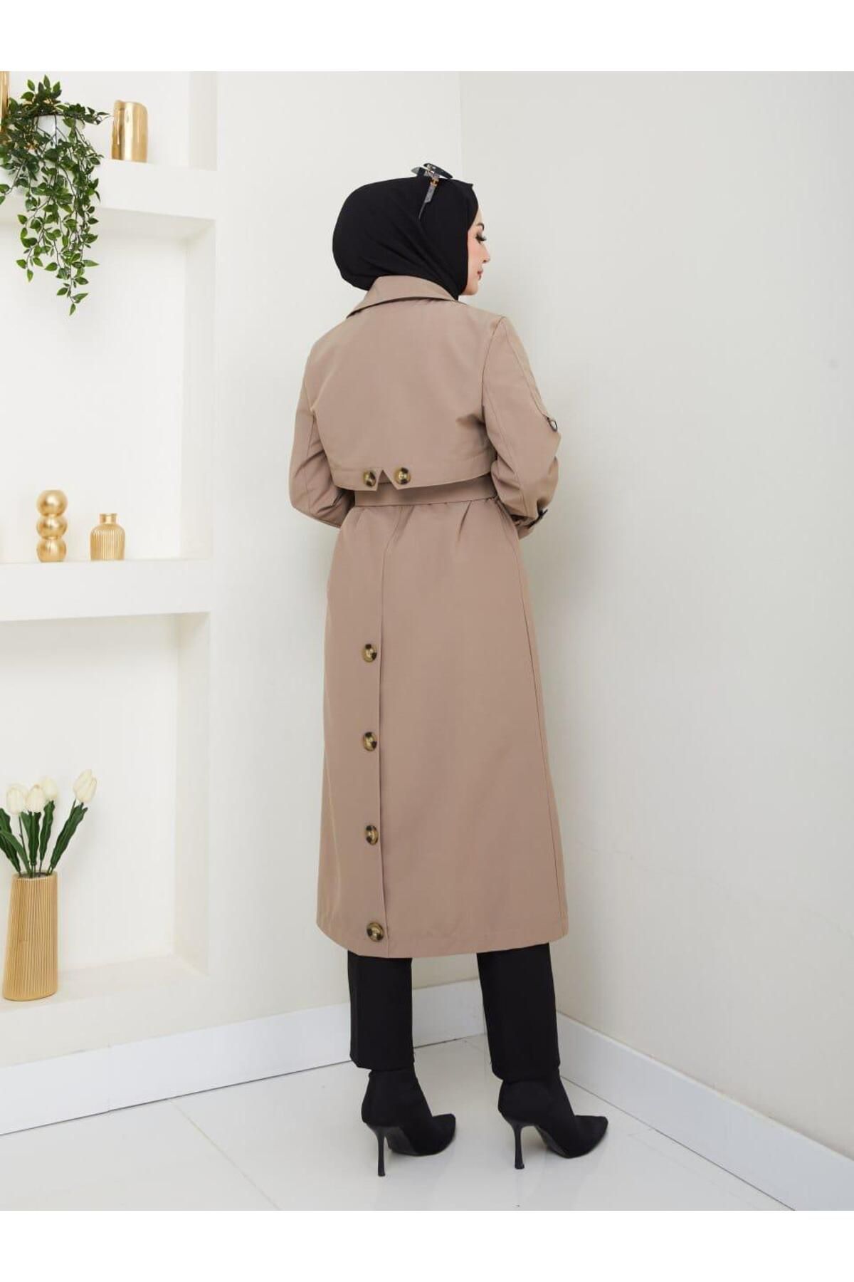 MODA STORE Kruvaze Yakalı Düğme Detaylı Bağlamalı Trençkot