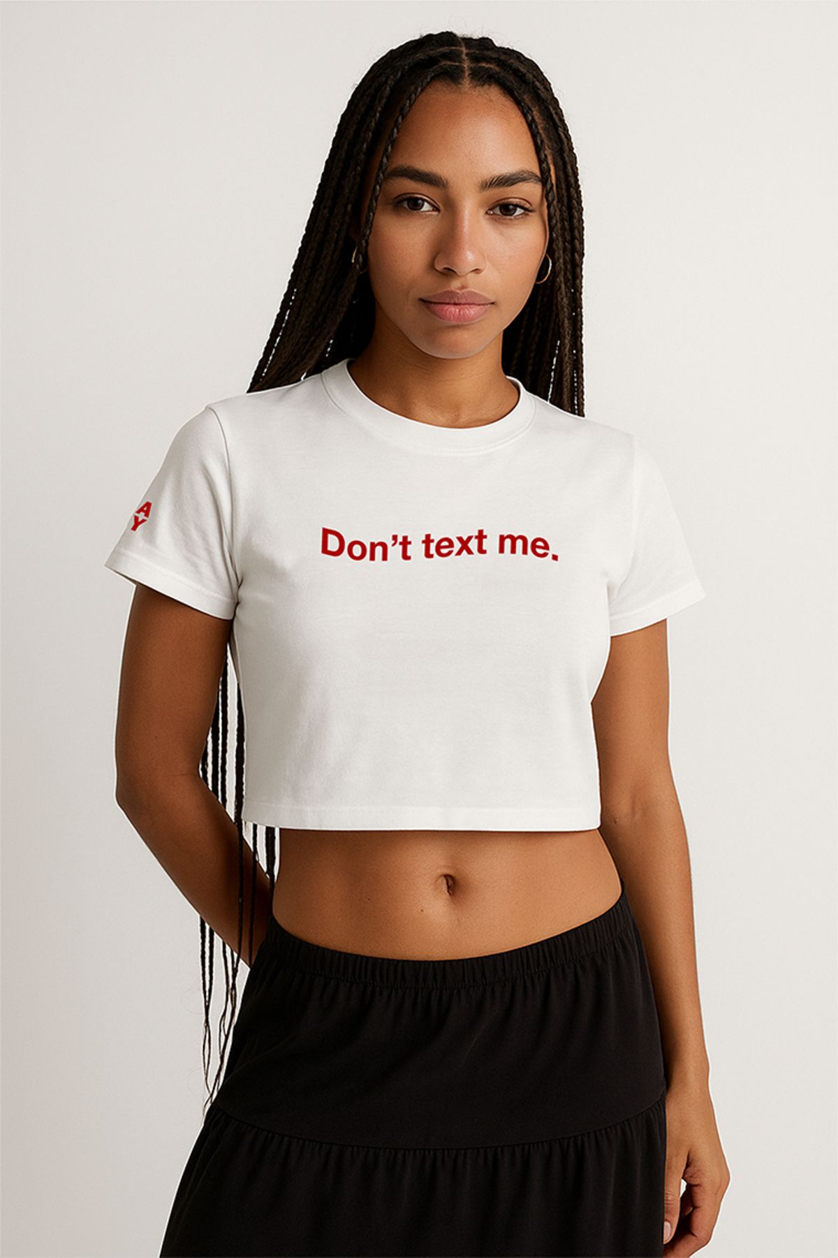 Eazy Co Text Me Beyaz Crop Top Bisiklet Yaka Kısa Kollu T-Shirt