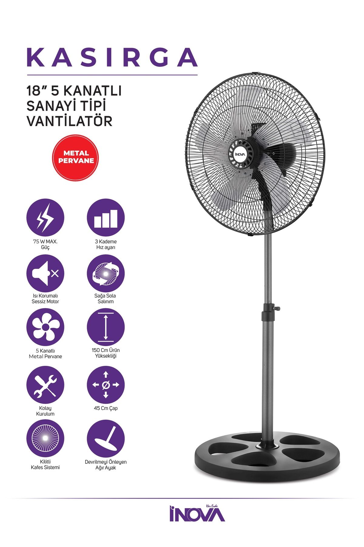 herevdeinova İnova Fırtına 18 Inç 45 Cm Sanayi Tipi 75 Watt Metal Pervaneli Vantilatör Serinletici
