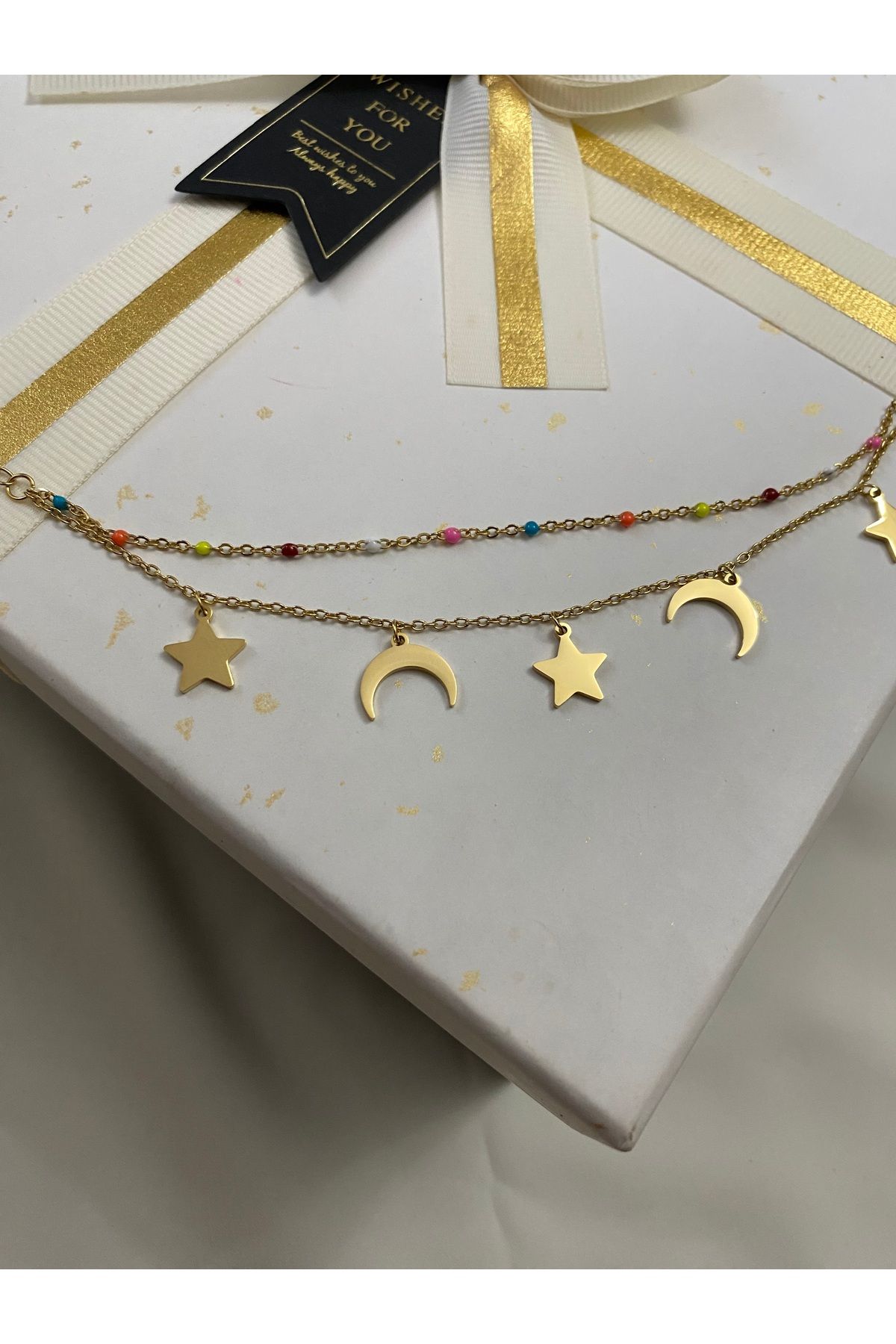 asem jewelry AY VE YILDIZ FİGÜRLÜ RENKLİ BONCUKLU ÇİFT ZİNCİR ÇELİK BİLEKLİK