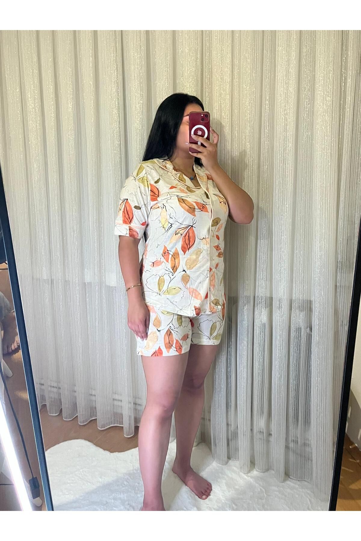 MEF Boutique Kadın %100 Pamuklu Kısa Kollu Şortlu Pijama Takımı – Yazlık / Rahat Kalıp