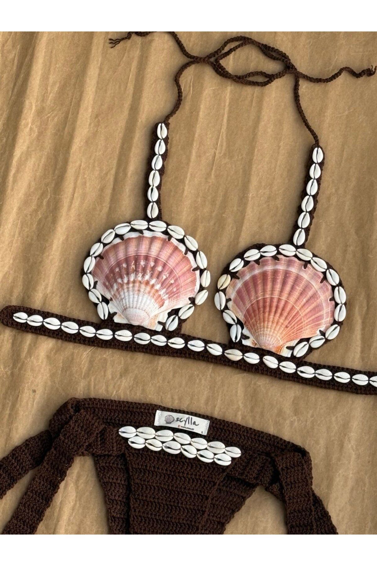 scyllastore Nora El Yapımı Doğal Deniz Kabuklu Ayarlanabilir Örgü Bikini Takımı