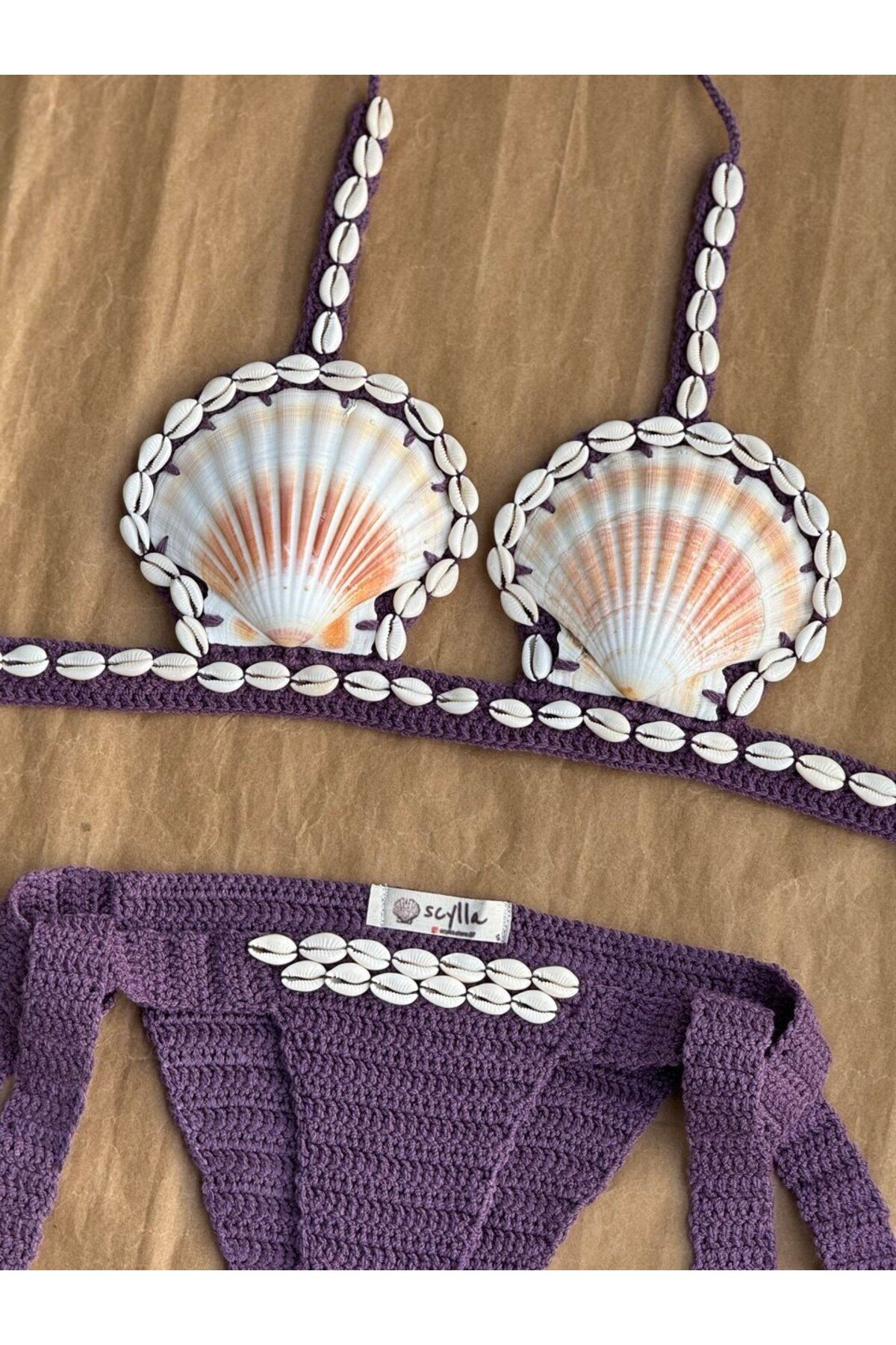 scyllastore Nora El Yapımı Doğal Deniz Kabuklu Ayarlanabilir Örgü Bikini Takımı