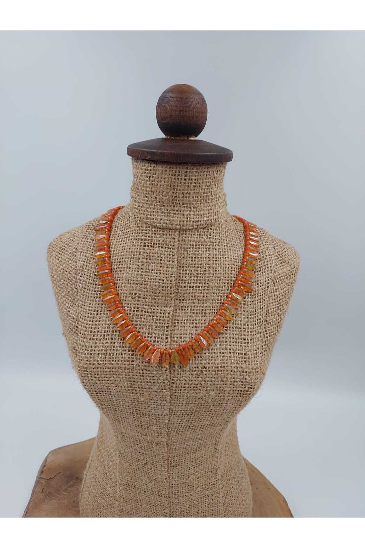 R G Handmade Design Işıltılı Cam Yaprak & Kristal El Yapımı Kolye
