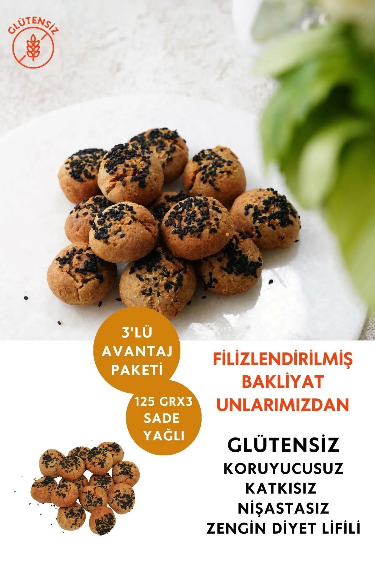 Mikro Herküller Glutensiz Mahlepli Tuzlu Kurabiye 3'lü Avantaj Paketi (125 grx3)