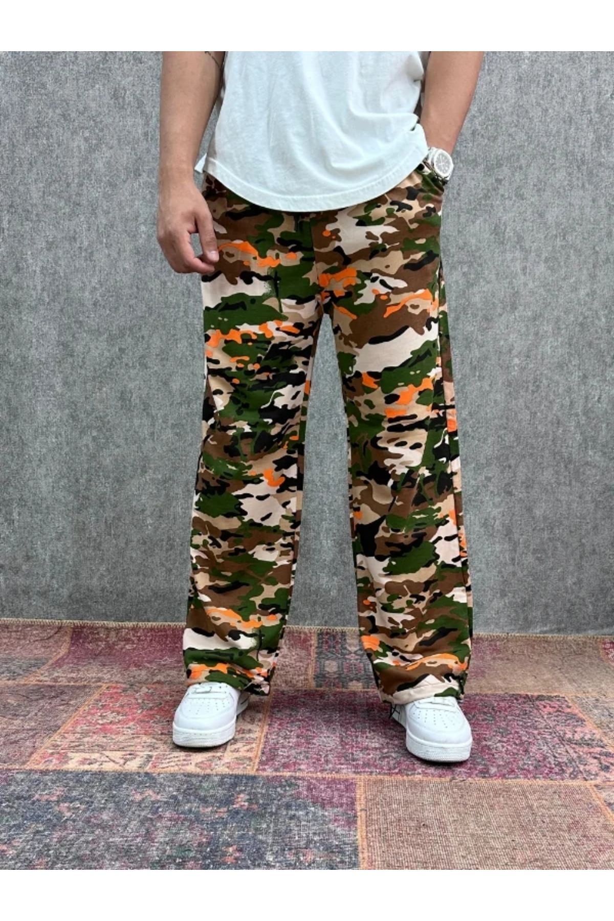 FıttingRoom Beli Lastikli Boru Paça Desenli Baggy Pantolon