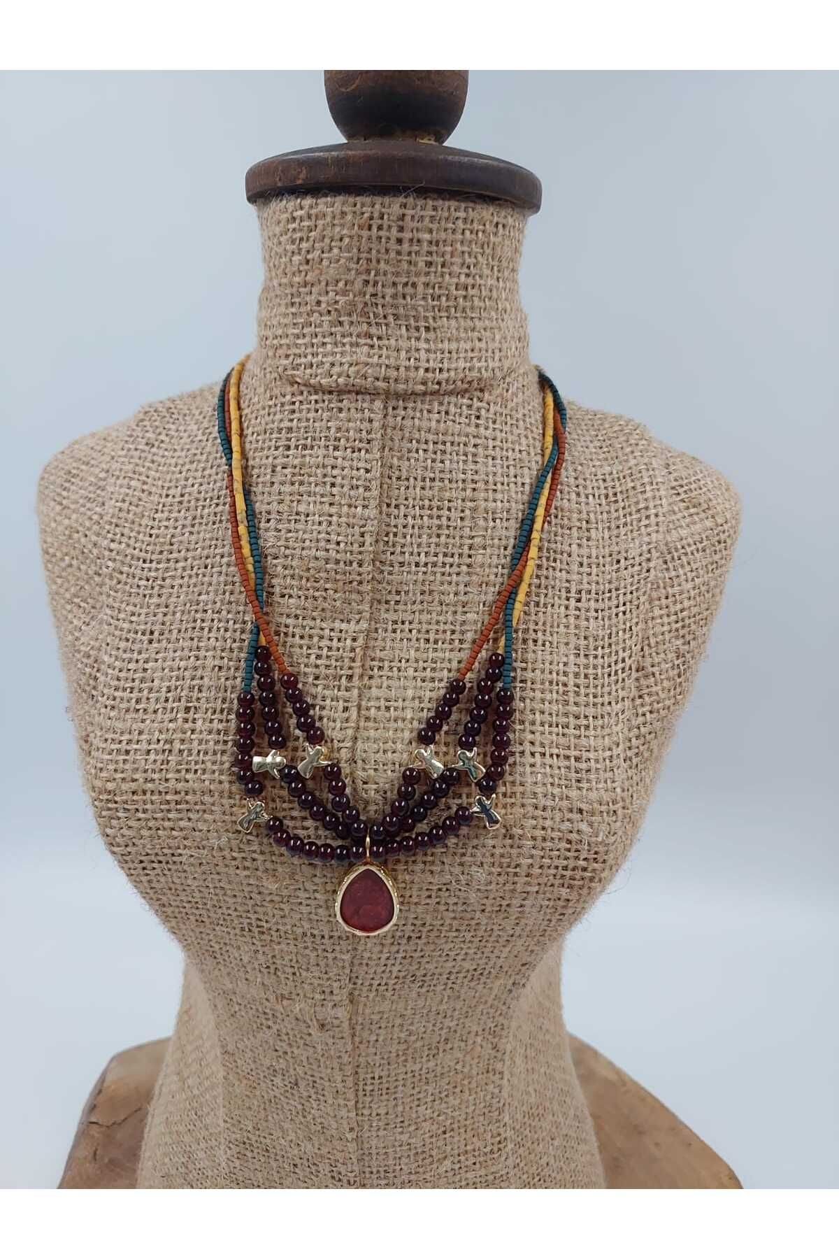 R G Handmade Design Afgan & Porselen Boncuklu Orta Aparatlı El Yapımı Kolye