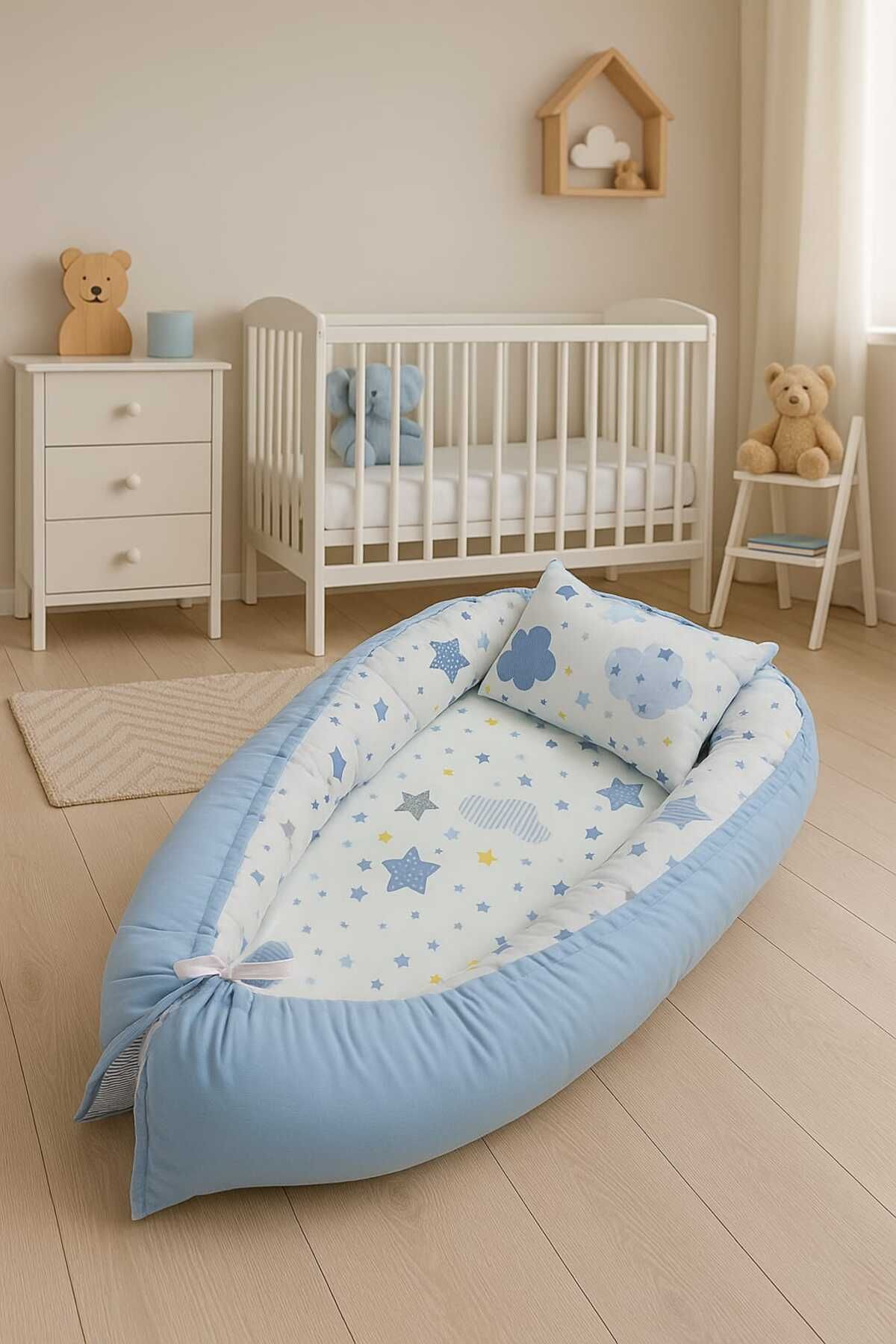 JULYA KİDS Bulutlu Desen Taşınabilir anne yanı Babynest bebek uyku yatağı 0-24 Ay