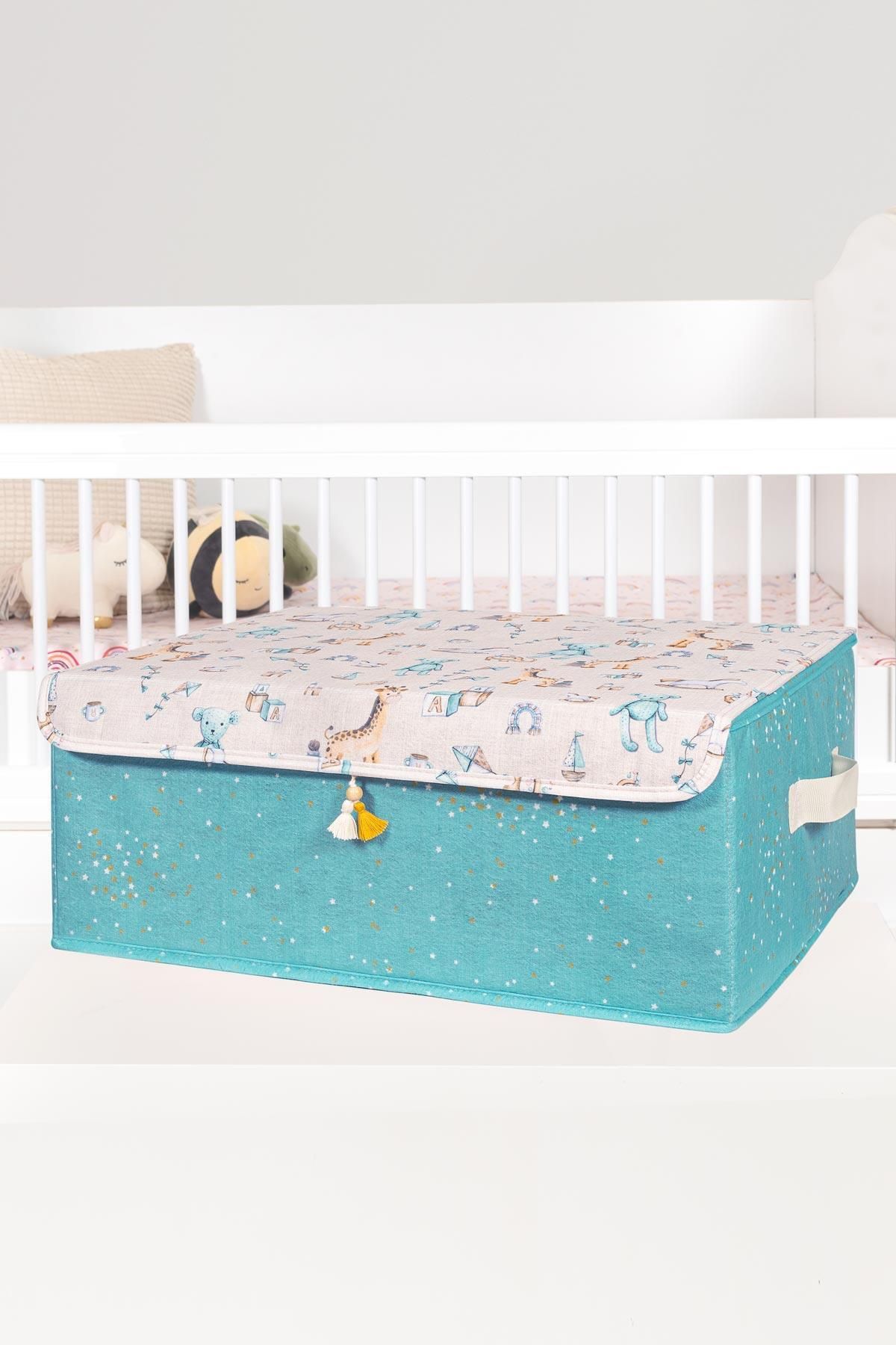 Olomo Baby Püsküllü Baza Altı Kapaklı Bebek Saklama Kutusu –50×38×19 cm,Oyuncak Kıyafet Düzenleyici