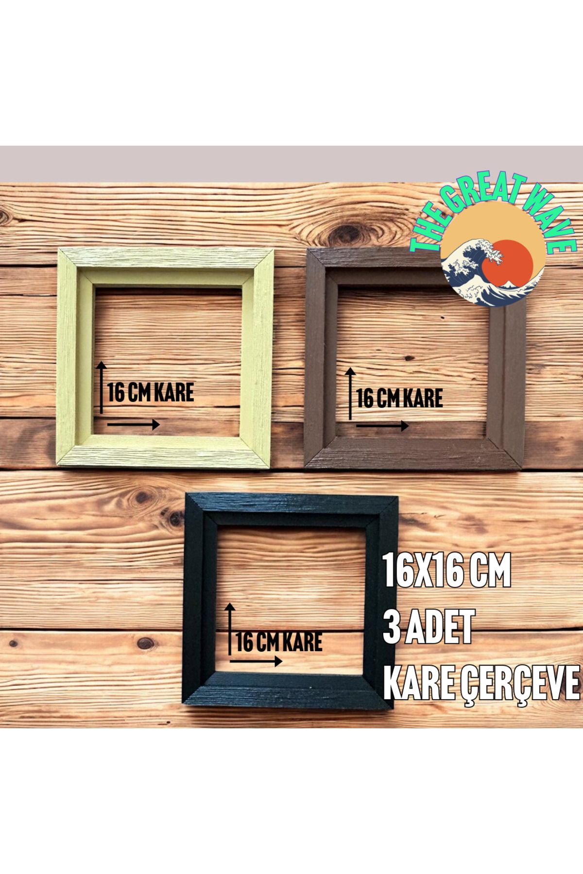 The Great Wave 3'lü Ağaç Desenli Plastik Kare Çerçeve Seti (16x16 cm - Ahşap Dokulu, görünümlü - Kahve,Krem,Siyah)