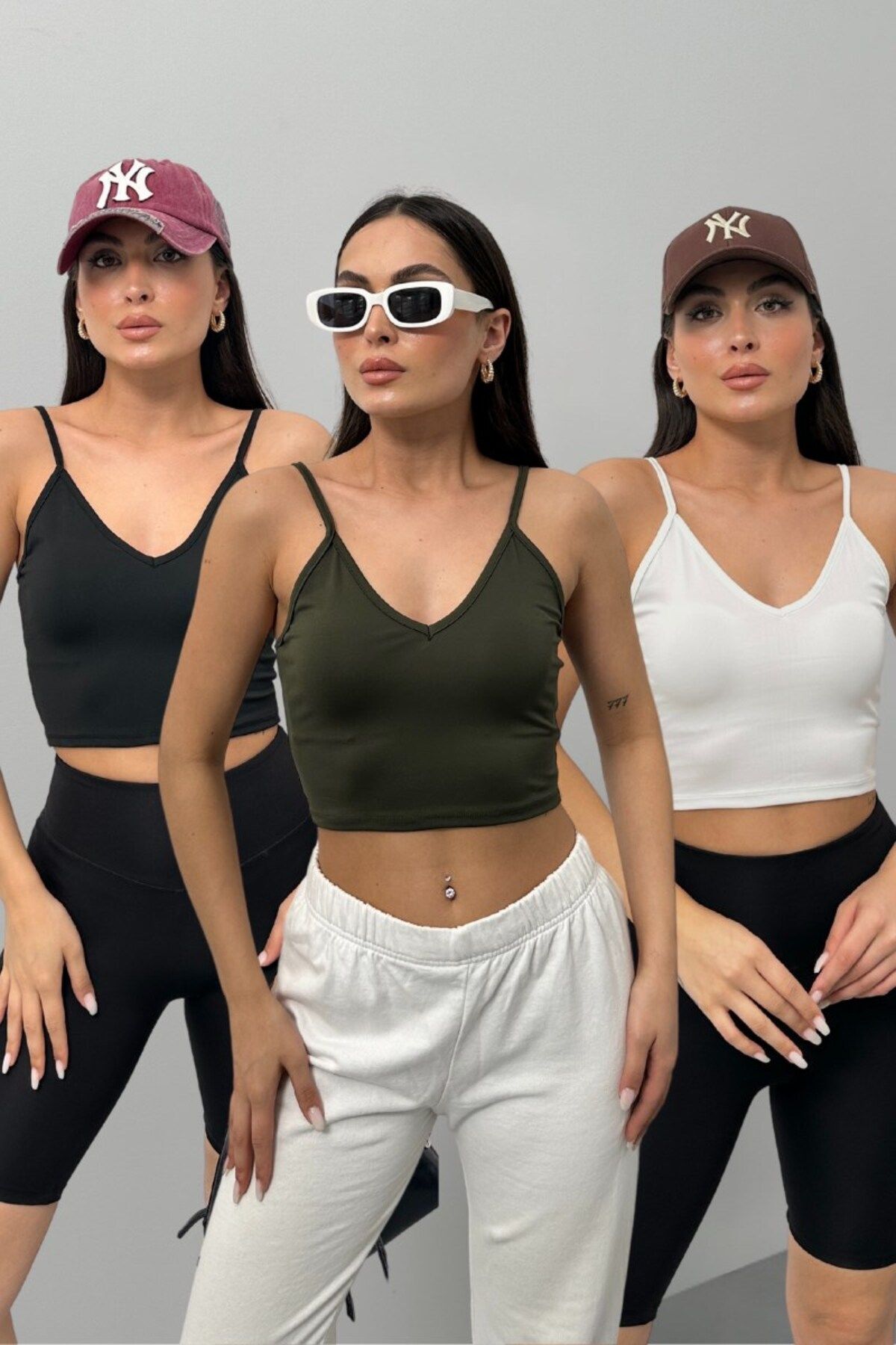 spirituel Üçlü Kadın Crop Top Askılı V Yaka Büstiyer Haki Siyah Beyaz