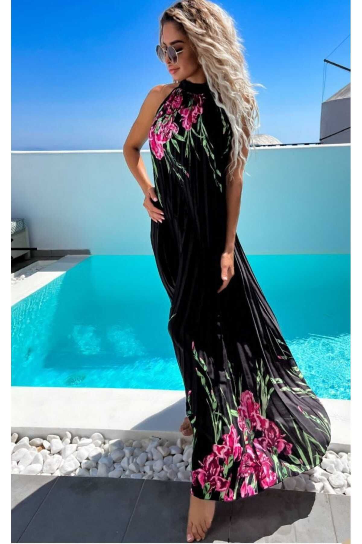 Butik Şenel Pİliseli Uzun Baskılı Saten Elbise