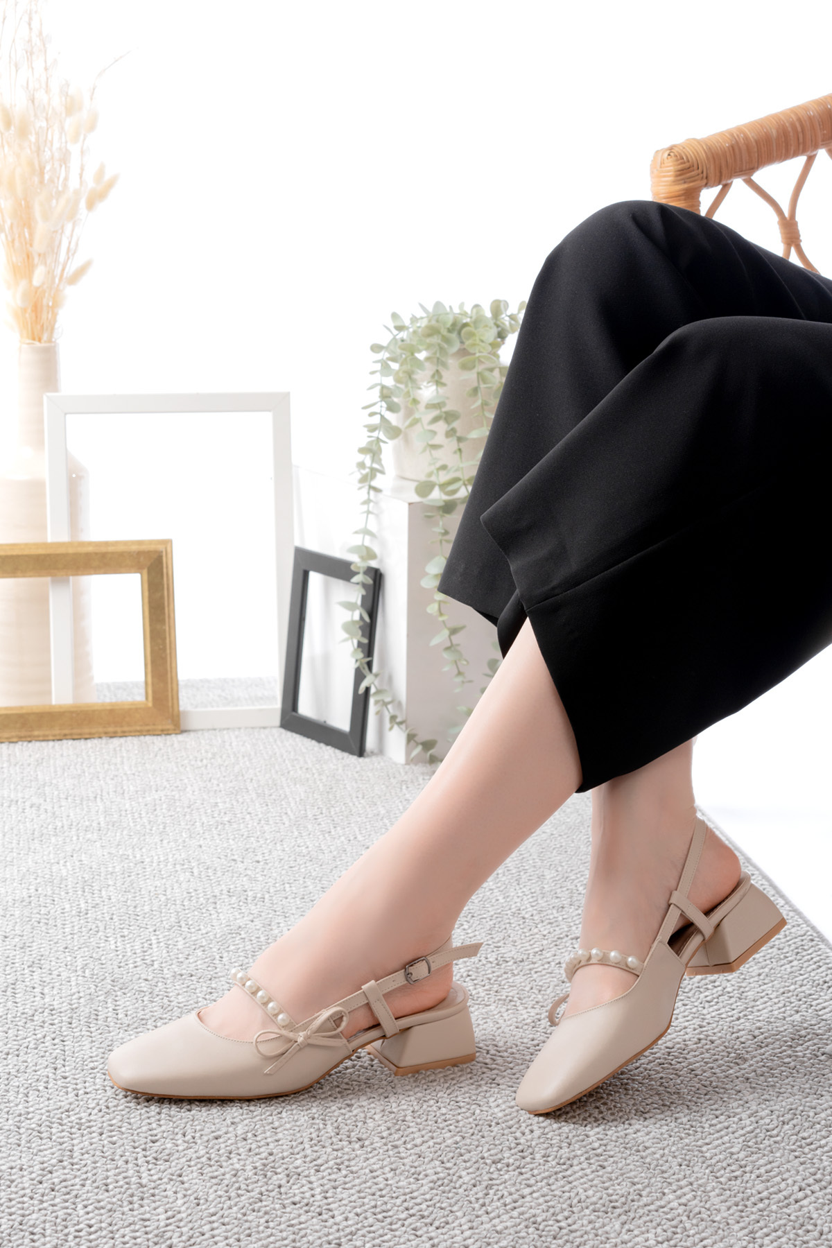 bashrol  Arkası Açık Kare Burunlu Kısa Topuk incili Ten Cilt Günlük Rahat Babet Kadın Topuklu Ayakkabı - Görsel 2