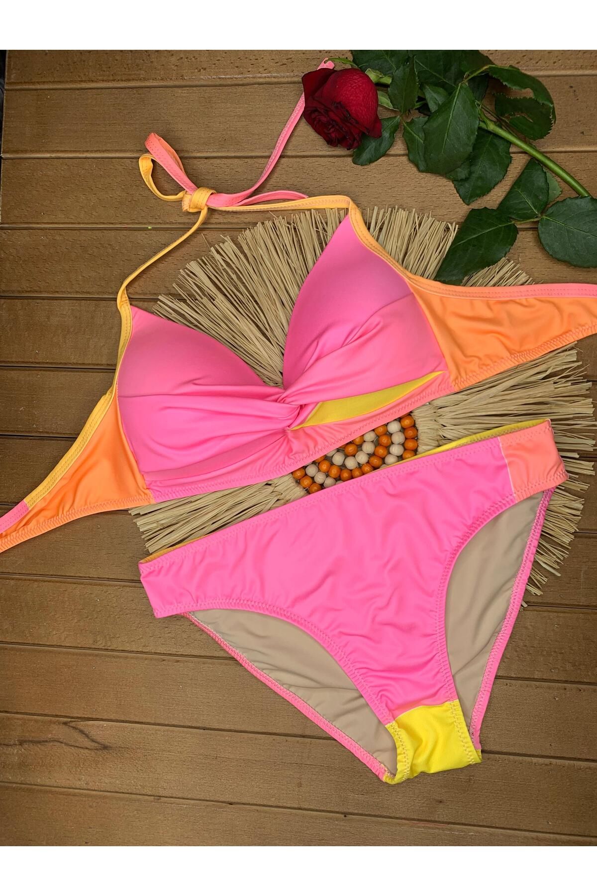 XORVİO Kadın Likralı Esnek Boyundan Bağlamalı İpli Şık Kaliteli Dolgulu Bikini Takım