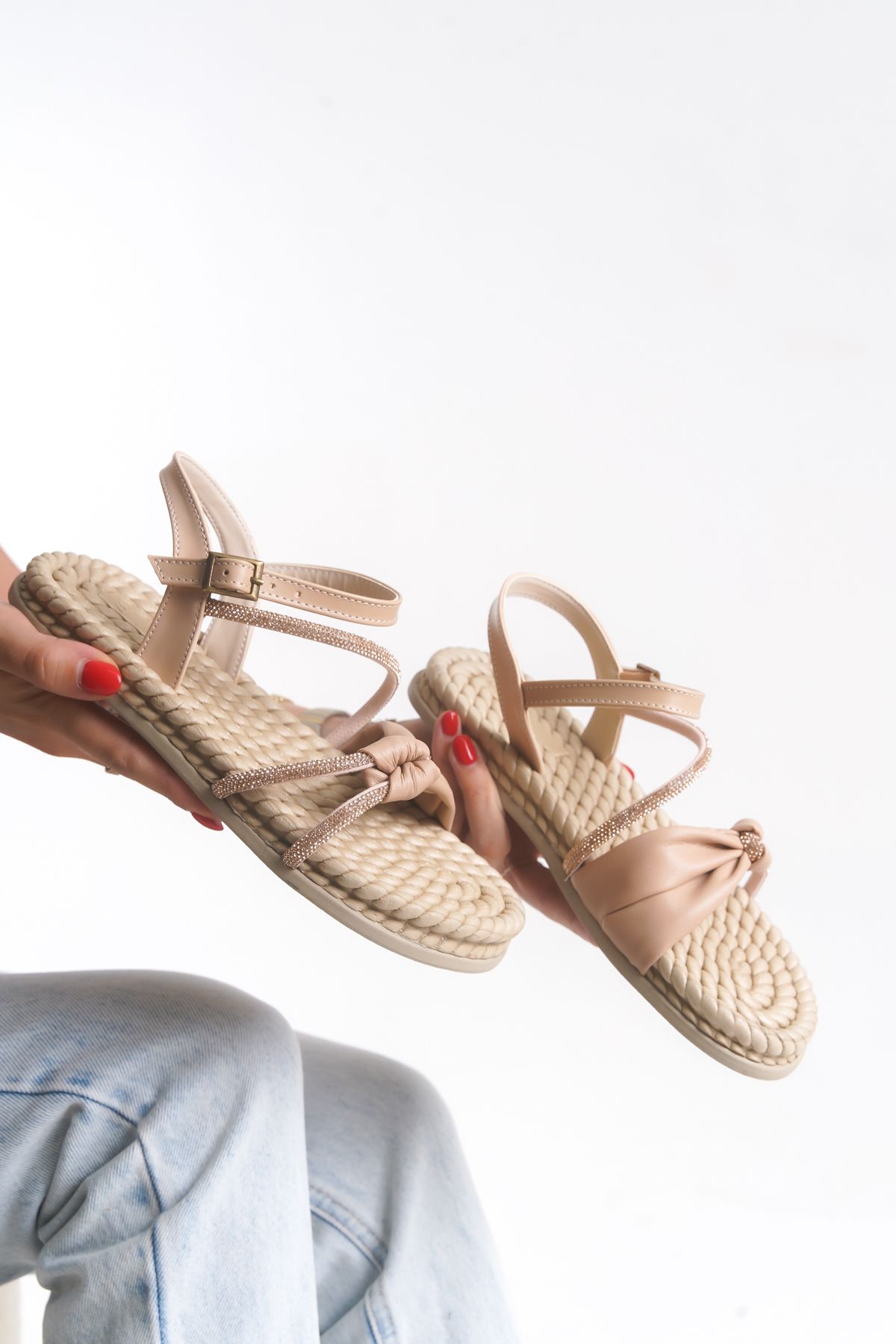 HAYAT SHOES Hasır Evalı Taşlı Biye Nut Rengi Günlük Rahat Şık Kadın Sandalet