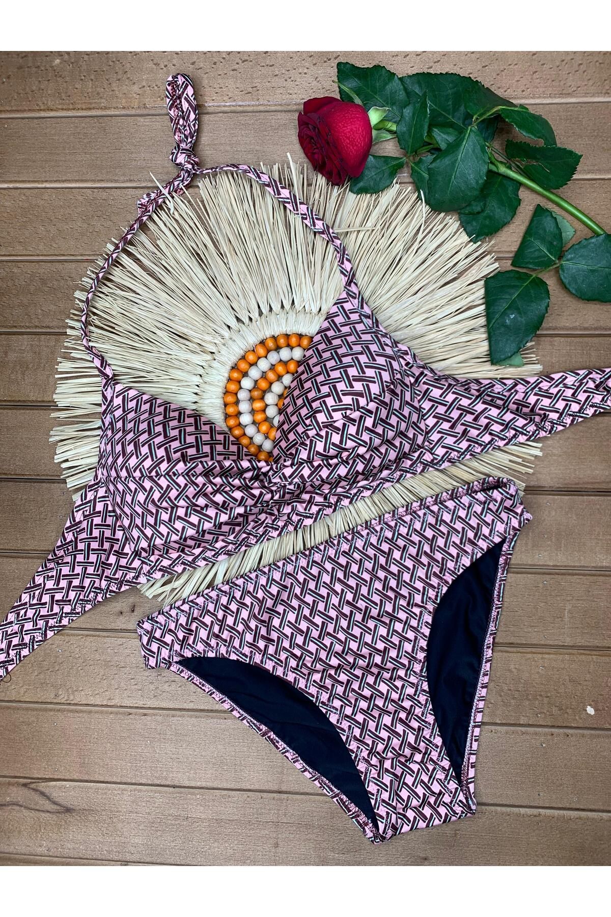 XORVİO Kadın Likralı Esnek Boyundan Bağlamalı İpli Şık Kaliteli Dolgulu Bikini Takım