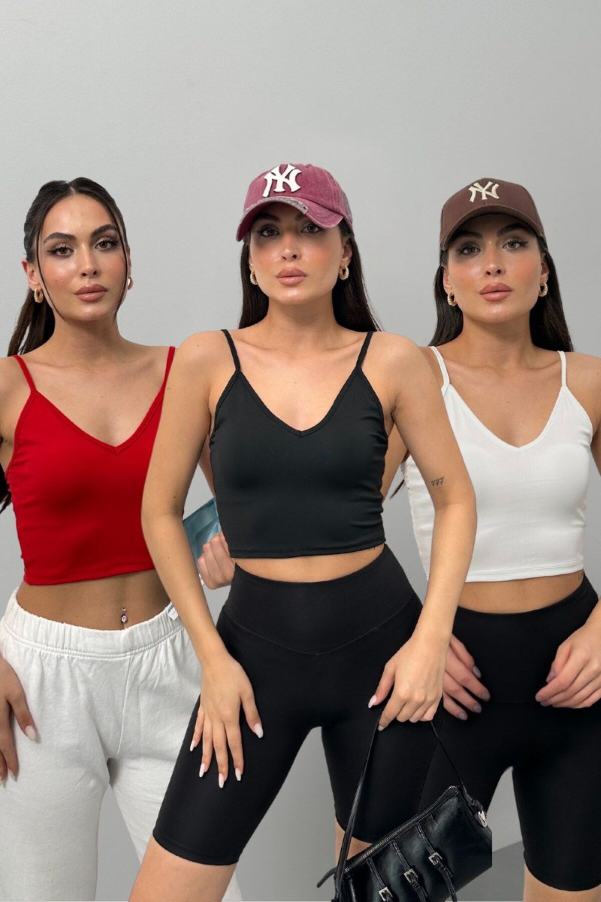 spirituel Üçlü Kadın Crop Top Askılı V Yaka Büstiyer Siyah Beyaz Kırmızı