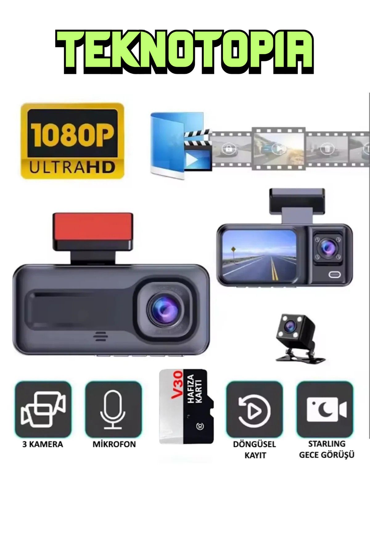 Teknotopia Full HD Araç İçi Kamera 1080P Üç Kanallı 32GB Wifi İzleme Döngüsel Kayıt Park İzleme Gece Görüşü