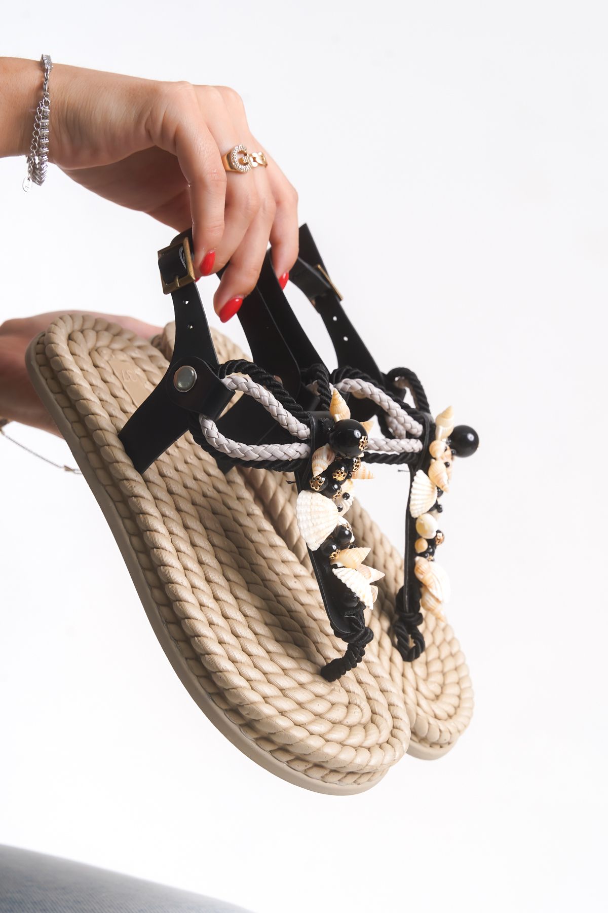 HAYAT SHOES Hasır Parmak Arası Dikme Taşlı Deniz kabuklu Halat İpli Siyah İncili Kadın Sandalet