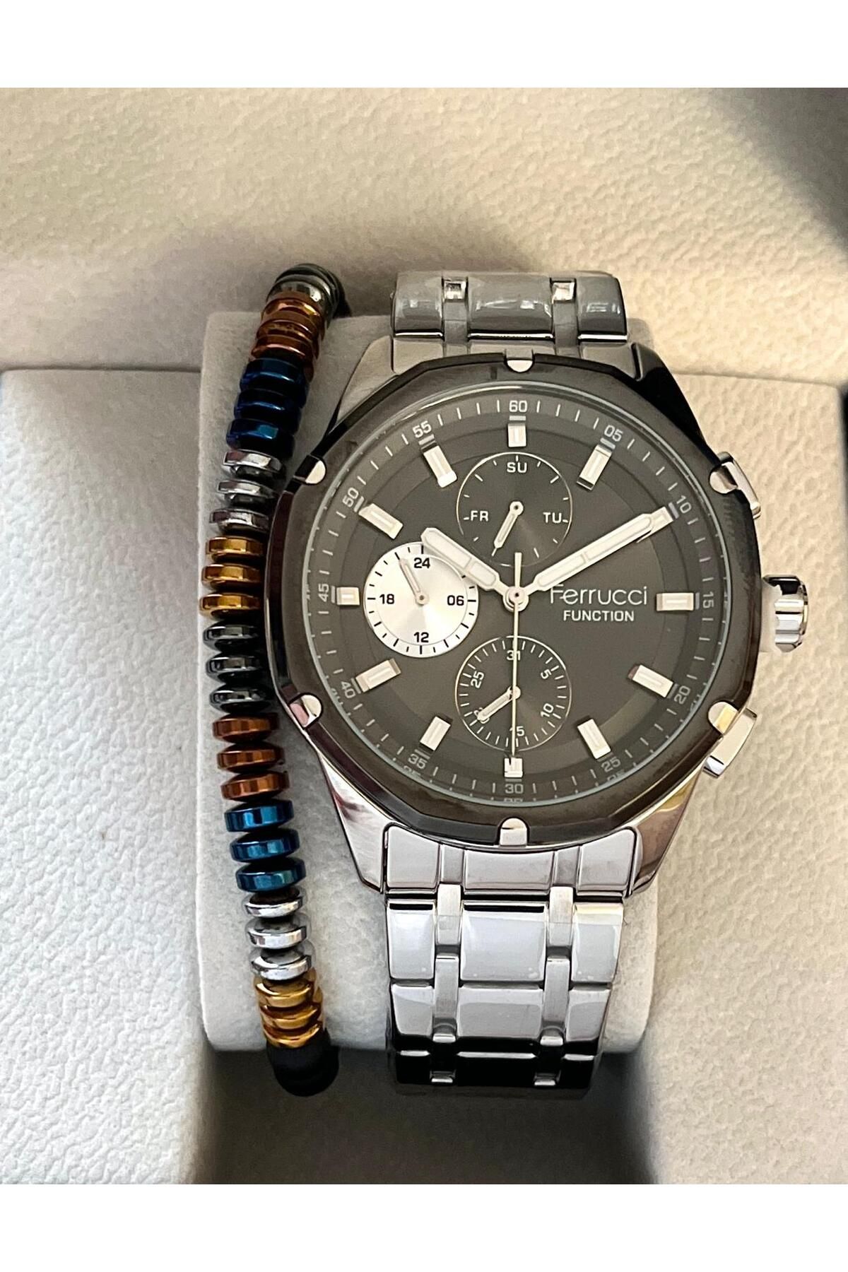 Ferrucci Spor Şık Çelik Fonksiyonlu Erkek Kol Saat+ Bileklik Hediyeli
