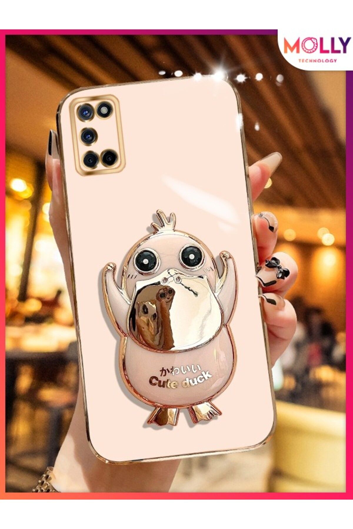 Molly Oppo A52 İçin Rose Sevimli Ördek Standlı Kenarları Gold Detaylı Lüks Silikon Kılıf