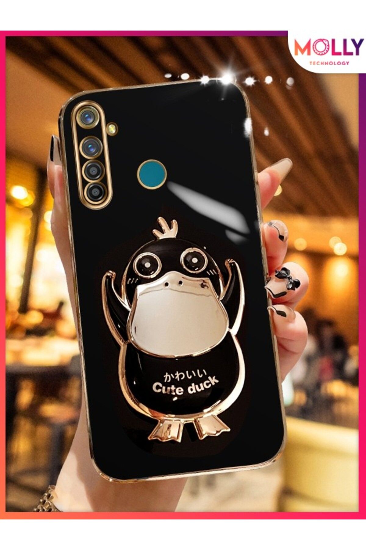 Molly Realme 5İ İçin Siyah Sevimli Ördek Standlı Kenarları Gold Detaylı Lüks Silikon Kılıf