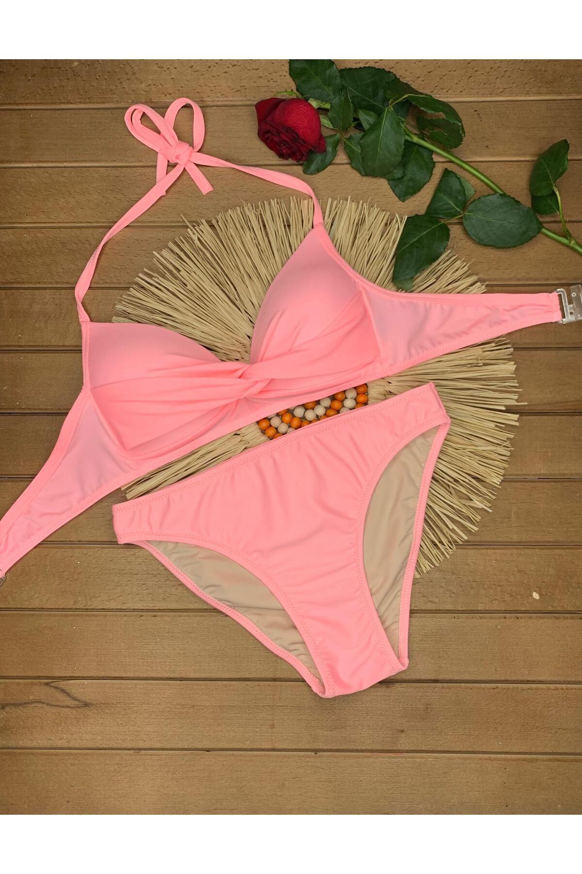 XORVİO Kadın Likralı Esnek Boyundan Bağlamalı İpli Şık Kaliteli Dolgulu Bikini Takım