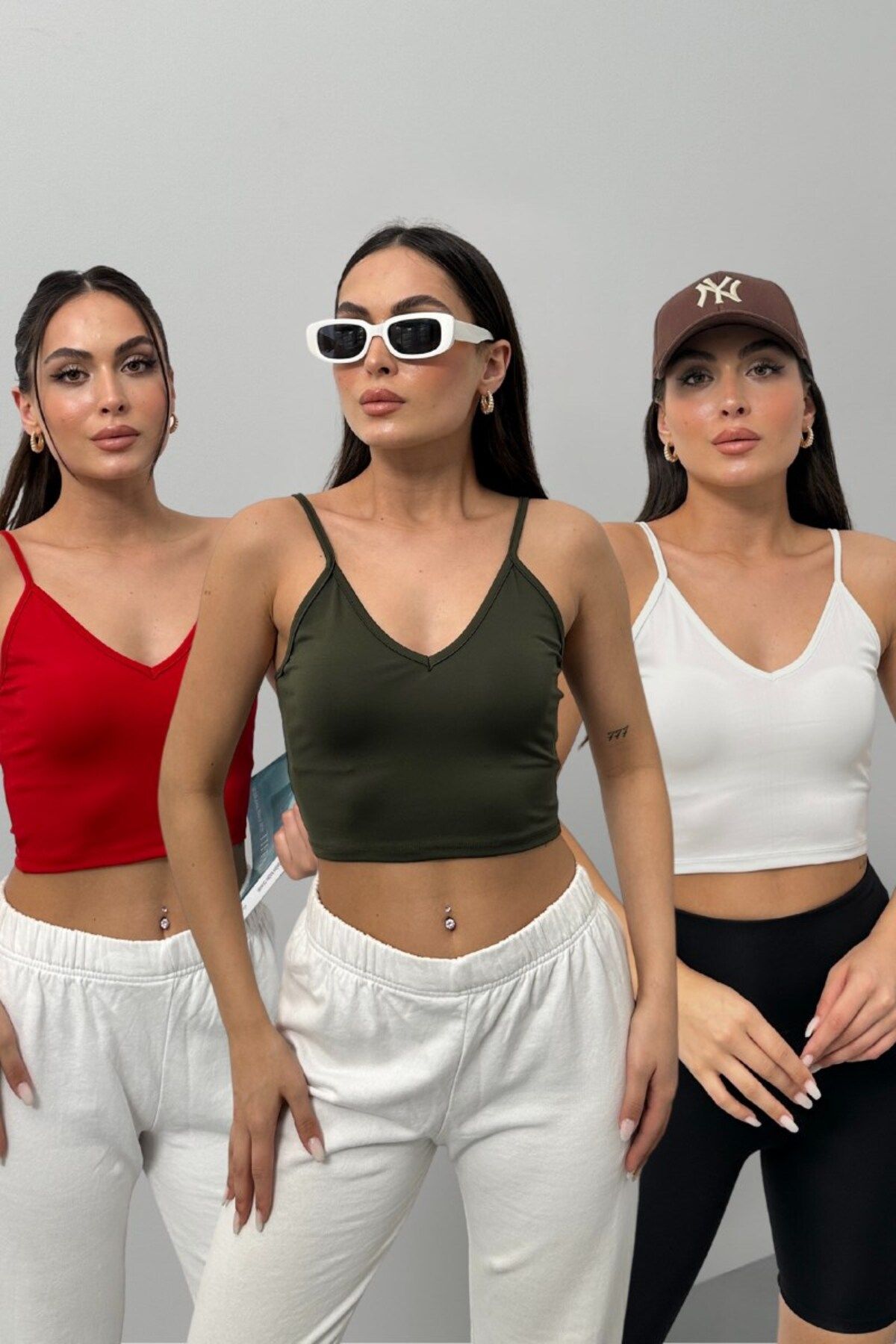 spirituel Üçlü Kadın Crop Top Askılı V Yaka Büstiyer Haki Beyaz Kırmızı