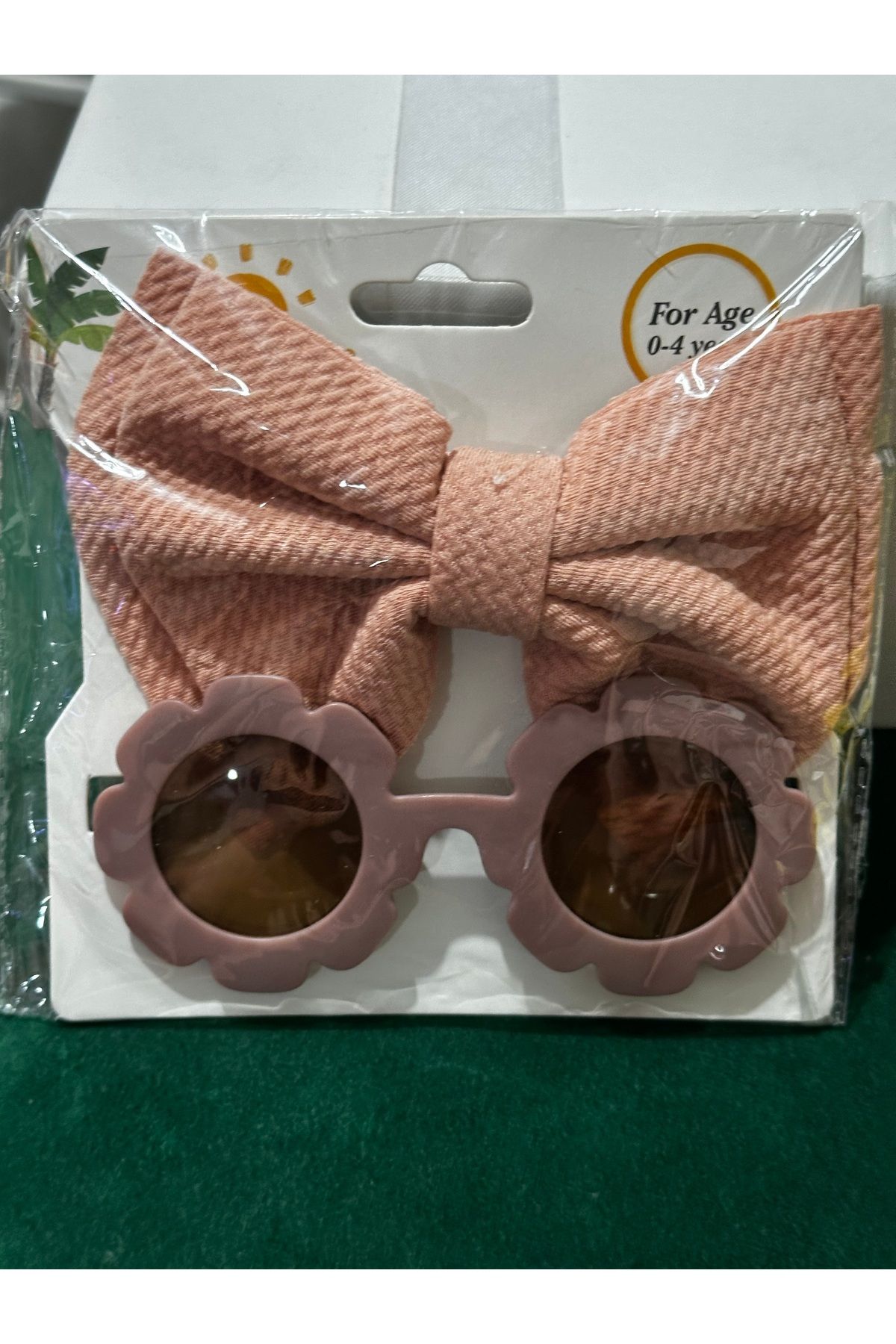 Darya DD355 Kız Çocuk Bebek 0-4 Yaş Uyumlu Gül Kurusu Fiyonk Bandana Ve Kahverengi Güneş Gözlük Seti