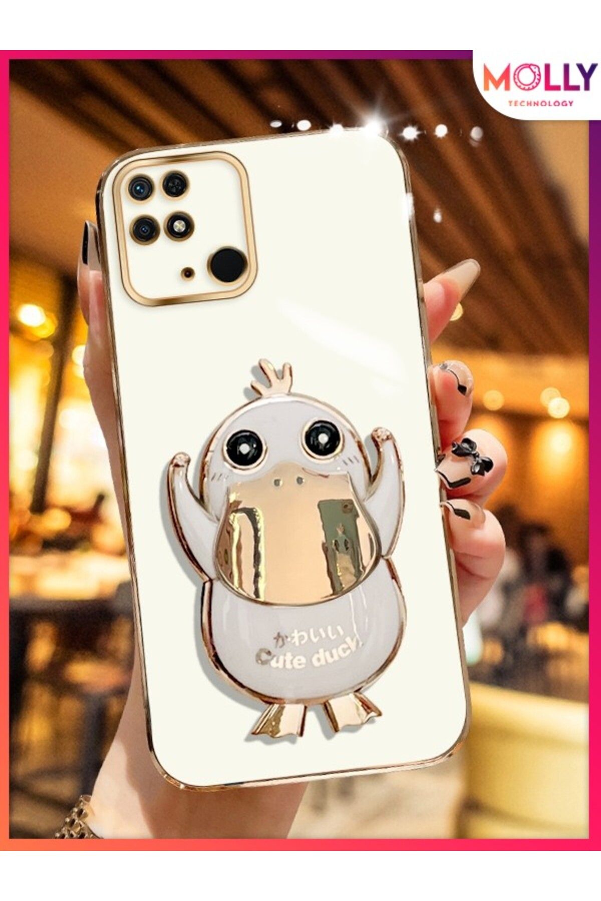 Molly Xiaomi Redmi 10C İçin İnci Beyazı Sevimli Ördek Standlı Kenarları Gold Detaylı Lüks Silikon Kılıf