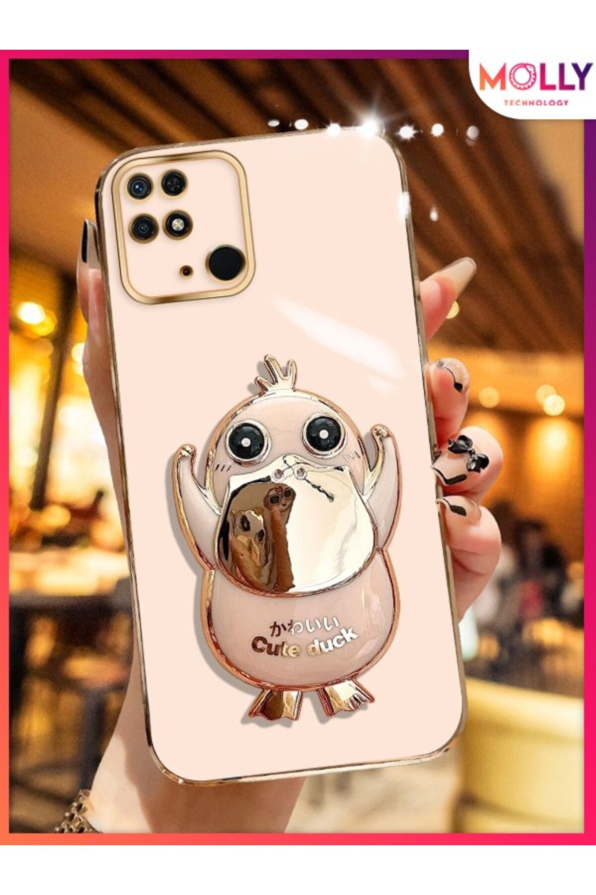 Molly Xiaomi Redmi 10C İçin Rose Sevimli Ördek Standlı Kenarları Gold Detaylı Lüks Silikon Kılıf