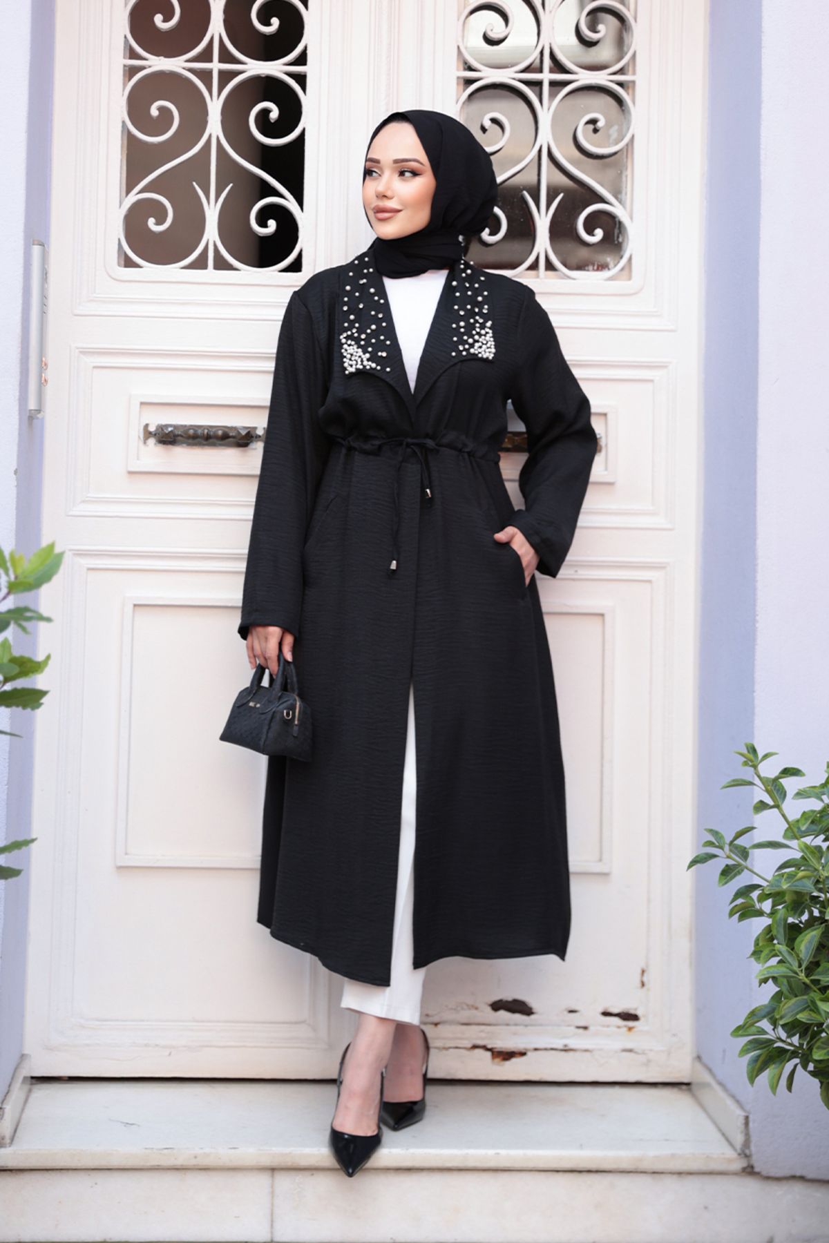 N.S NEVA STYLE İnci Detaylı Siyah Tesettür Kap 6714S