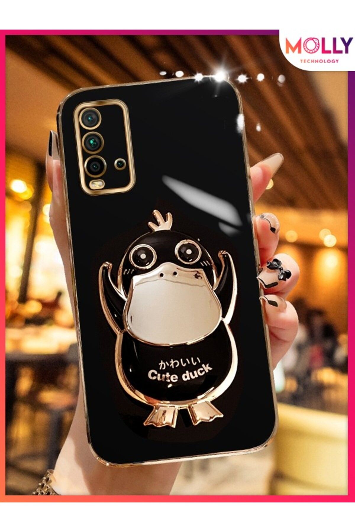 Molly Xiaomi Redmi 9T İçin Siyah Sevimli Ördek Standlı Kenarları Gold Detaylı Lüks Silikon Kılıf