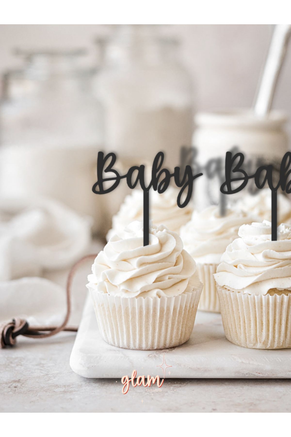 GLAM DEKORASYON Siyah Renk Baby Yazılı Bebek Doğum Günü Cinsiyet Partisi Baby Shower Pasta Kürdanı Kek Tatlı Süsleri