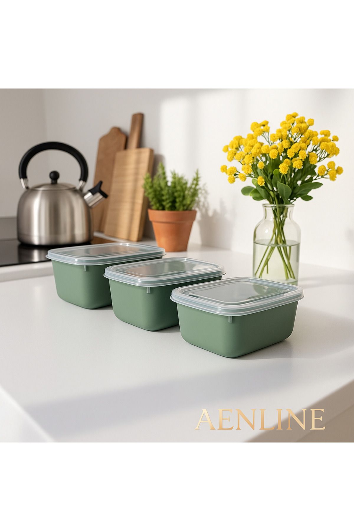 AENLINE HOME AENLINE Snaplid 3’lü Saklama Kabı Seti – BPA Free | 600ml + 1100ml + 1800ml – Şeffaf Kapaklı, Yeşil
