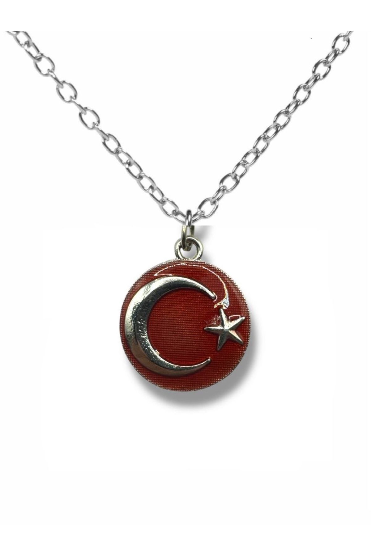 Herşey Nota Kırmızı Zeminli Ay Yıldız Yuvarlak Kolye – Unisex Gümüş Renk Metal Takı
