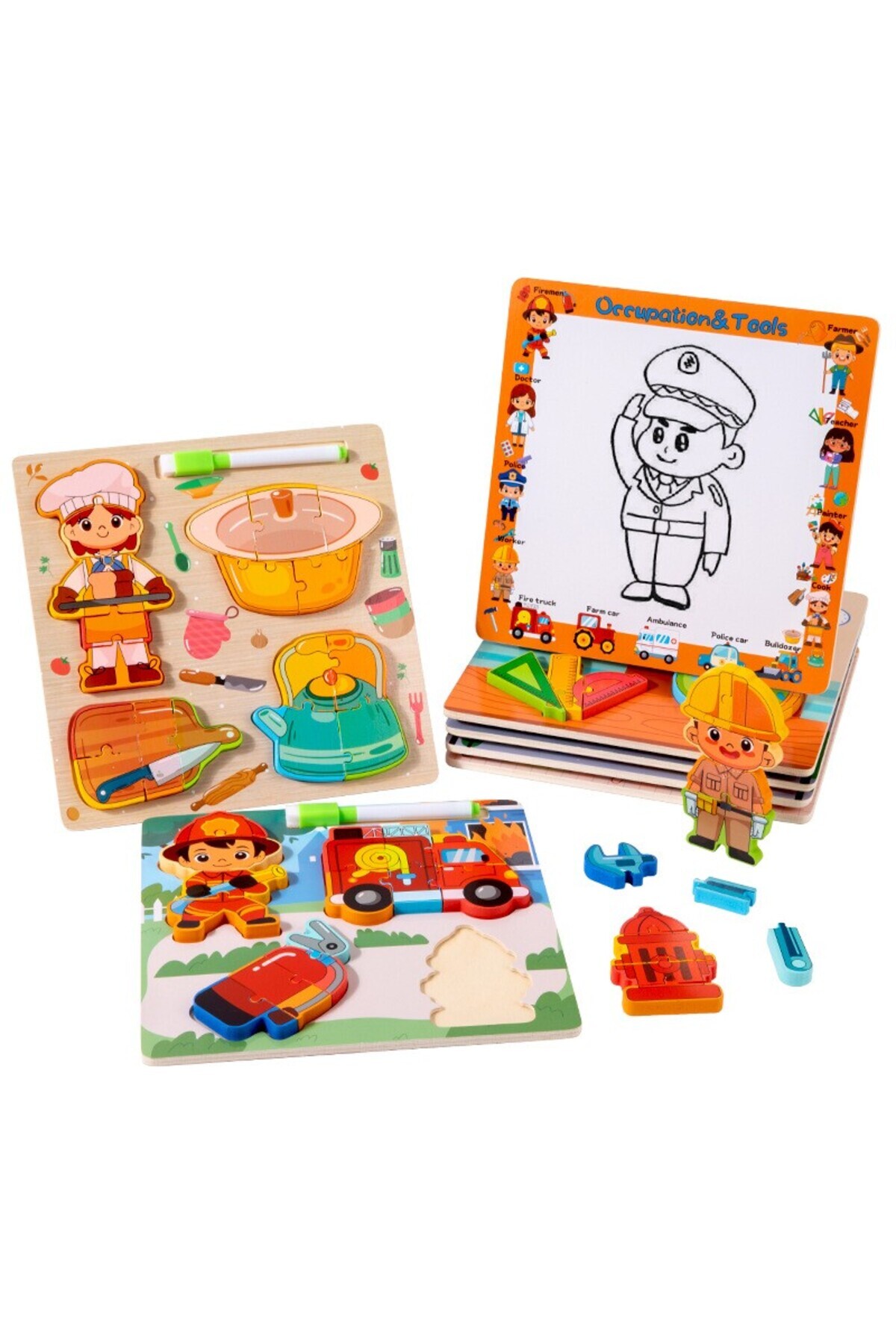 tutobaby Montessori Yazı Tahtalı ve Kalemli 3D Eğitici Öğretici Ahşap Meslek Puzzle Seti-İTFAİYECİ fotoğrafı 2 (önizleme)