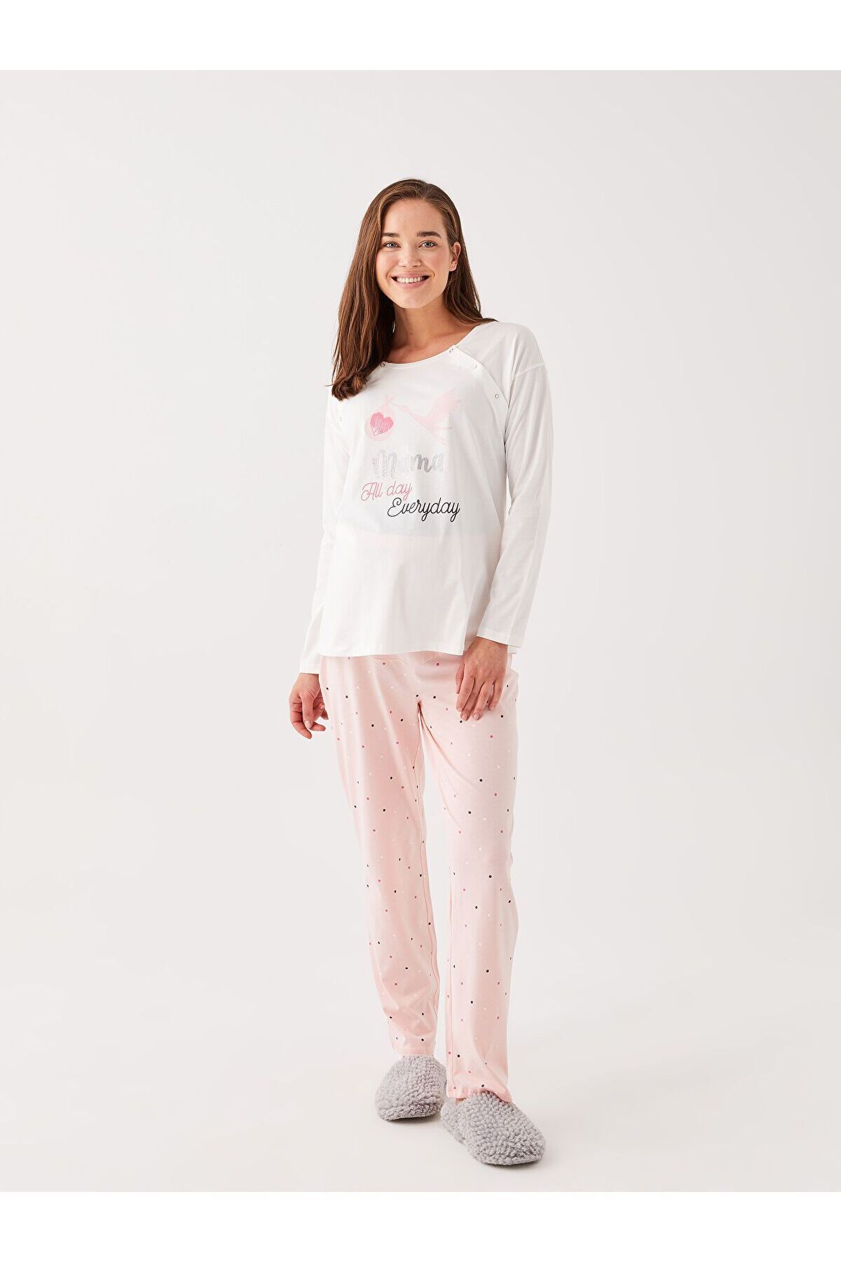 LC Waikiki Bisiklet Yaka Baskılı Uzun Kollu Hamile Pijama Takımı
