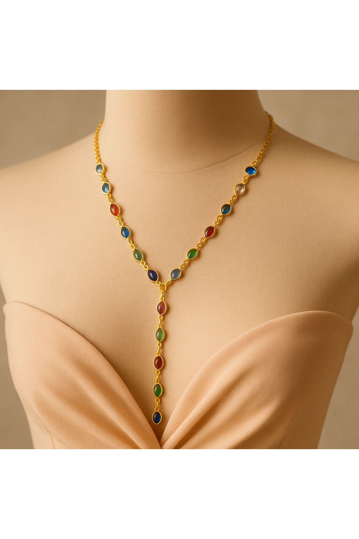 BS JEWELRY Y kolye Altın Kaplama Renkli Taşlı