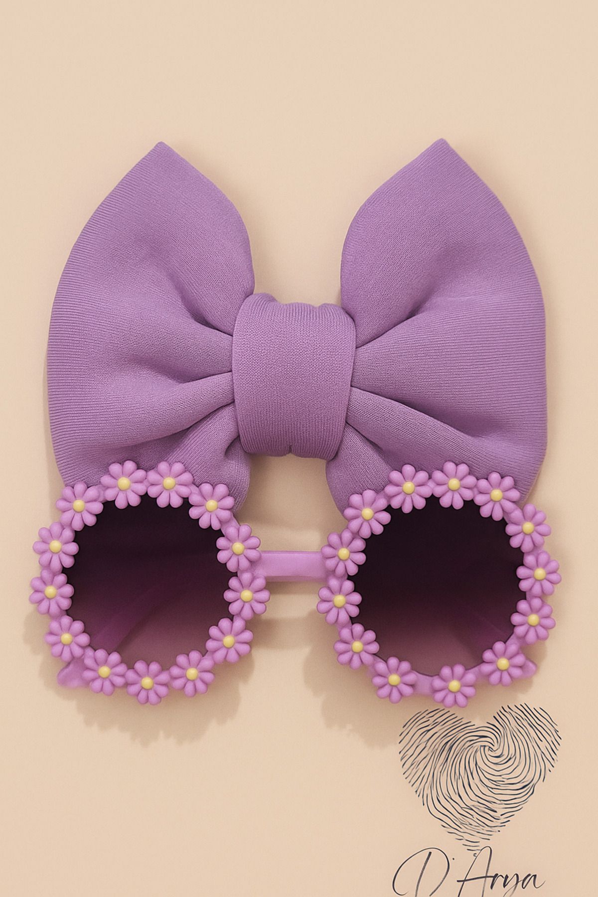Darya DD349 Kız Çocuk Bebek 0-4 Yaş Uyumlu Mor Fiyonk Bandana Ve Güneş Gözlük Seti