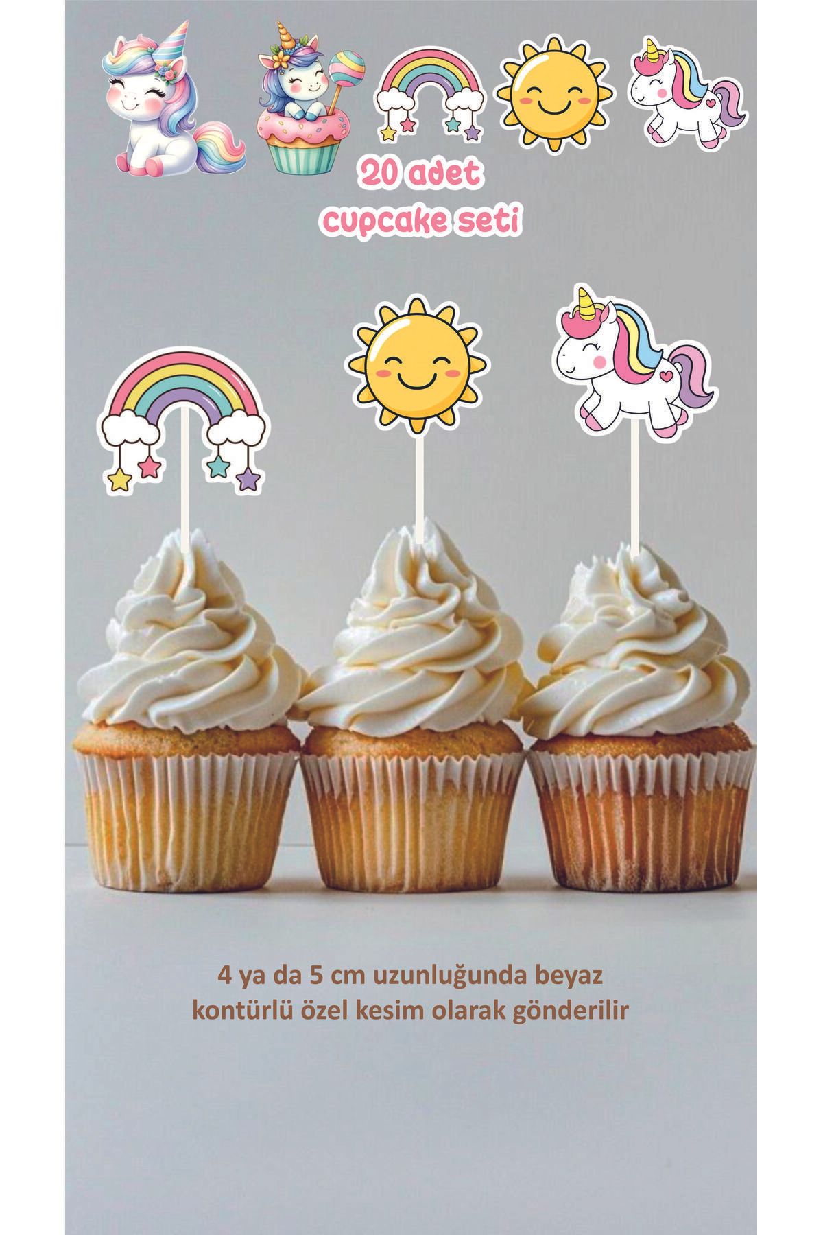 Tasarım Unicorn Temalı Cupcake Süsü 20'li