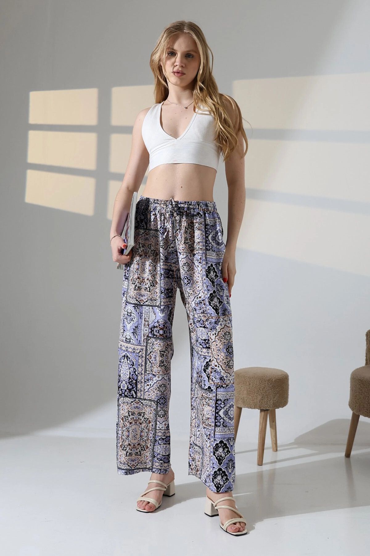 bacc Lila Etnik Desenli Viscon Yazlık Dokuma Pantolon BCBT-251009