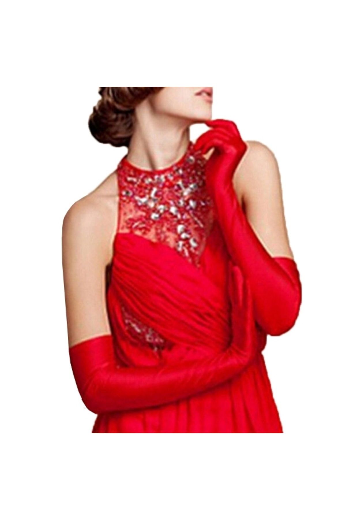 Butik Kırmızı Saten Gece Eldiveni
