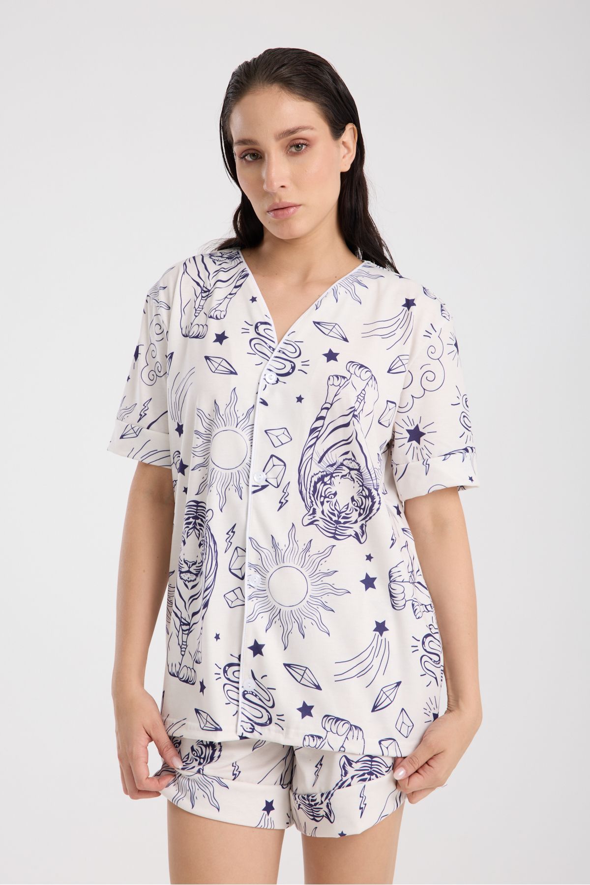 Rasabeauty Calm Gömlek Şort Düğmeli Pijama Takımı Renkli Desenli Pijama Takımı