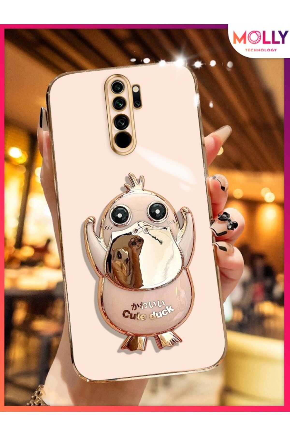 Molly Xiaomi Redmi 9 İçin Rose Sevimli Ördek Standlı Kenarları Gold Detaylı Lüks Silikon Kılıf