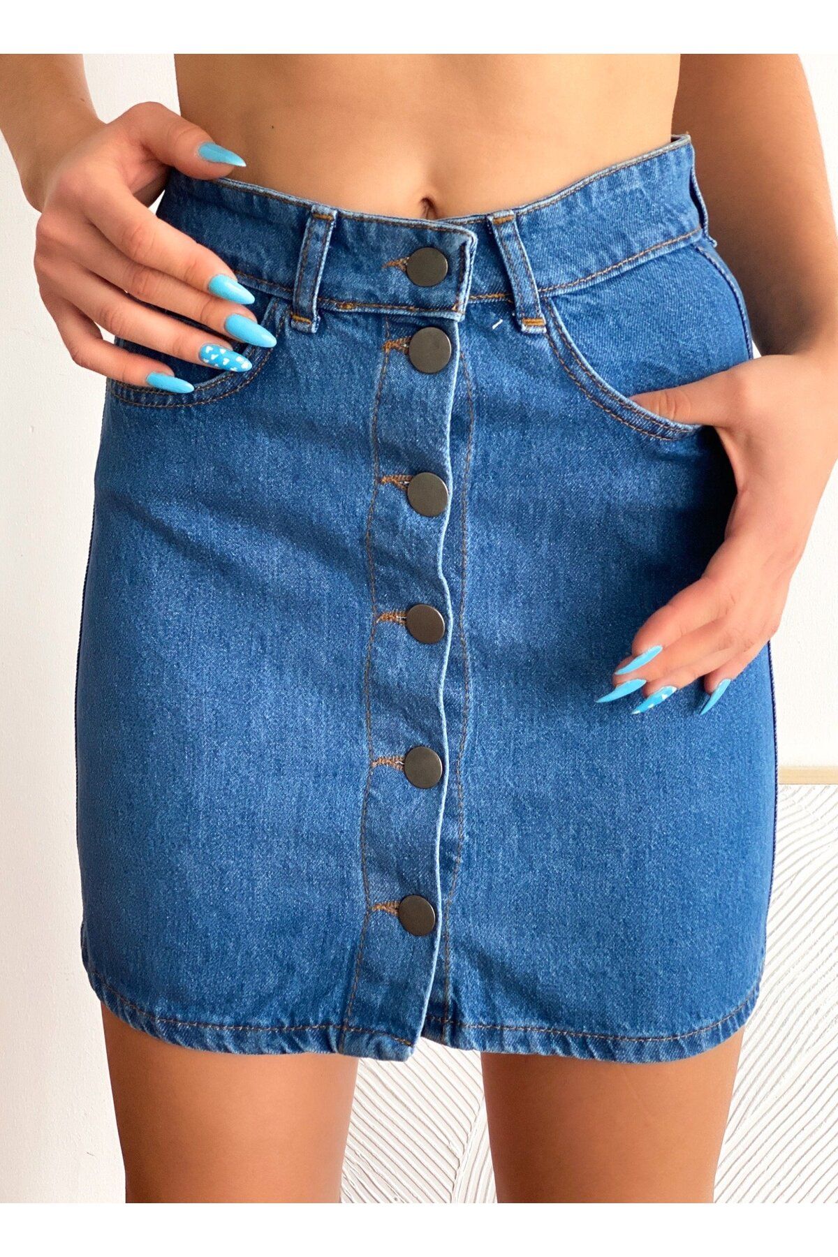 Pink Stil Düğmeli Denim Etek