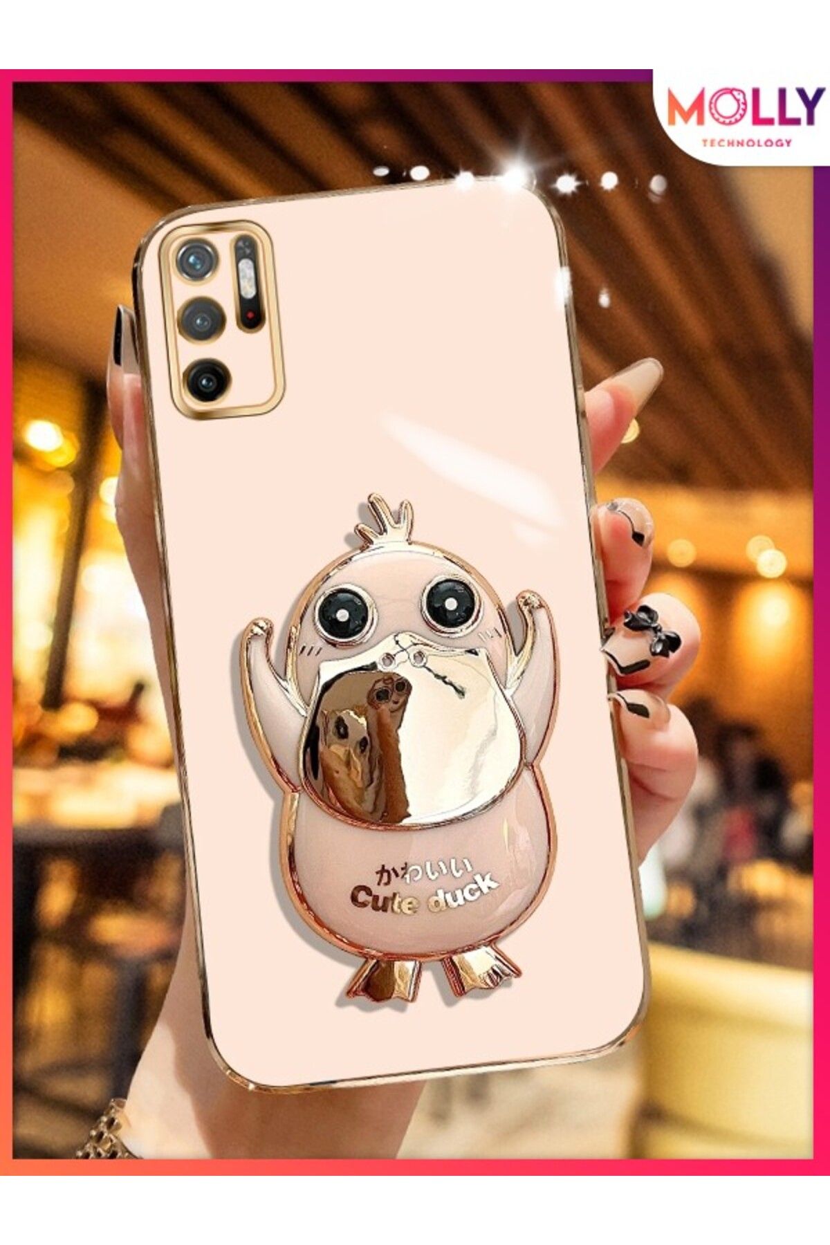 Molly Xiaomi Redmi NOTE 10 5G İçin Rose Sevimli Ördek Standlı Kenarları Gold Detaylı Lüks Silikon Kılıf
